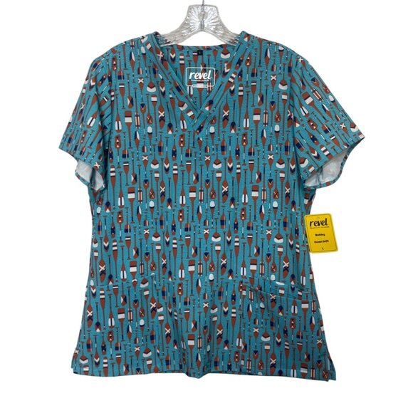 Revel Premium Stretch Bobby Scrub Top Womens Large Ocean Drift Blue New Oars - Picture 1 of 9